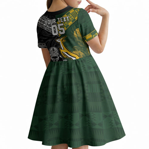 Custom Rugby New Zealand South Africa Kid Short Sleeve Dress Maori Tiki Springboks Together