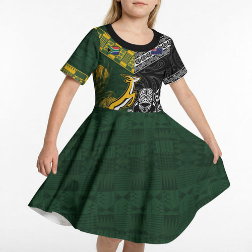 Custom Rugby New Zealand South Africa Kid Short Sleeve Dress Maori Tiki Springboks Together