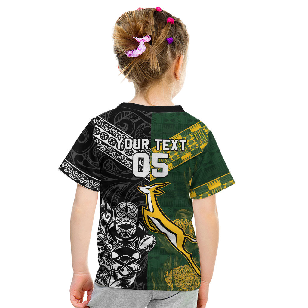 Custom Rugby New Zealand South Africa Kid T Shirt Maori Tiki Springboks Together