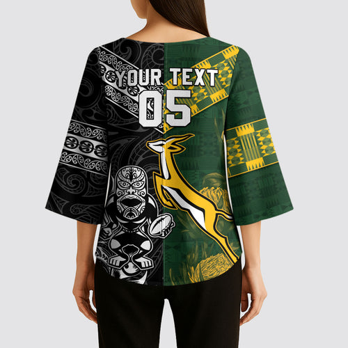Custom Rugby New Zealand South Africa Kimono Sleeve Blouse Maori Tiki Springboks Together