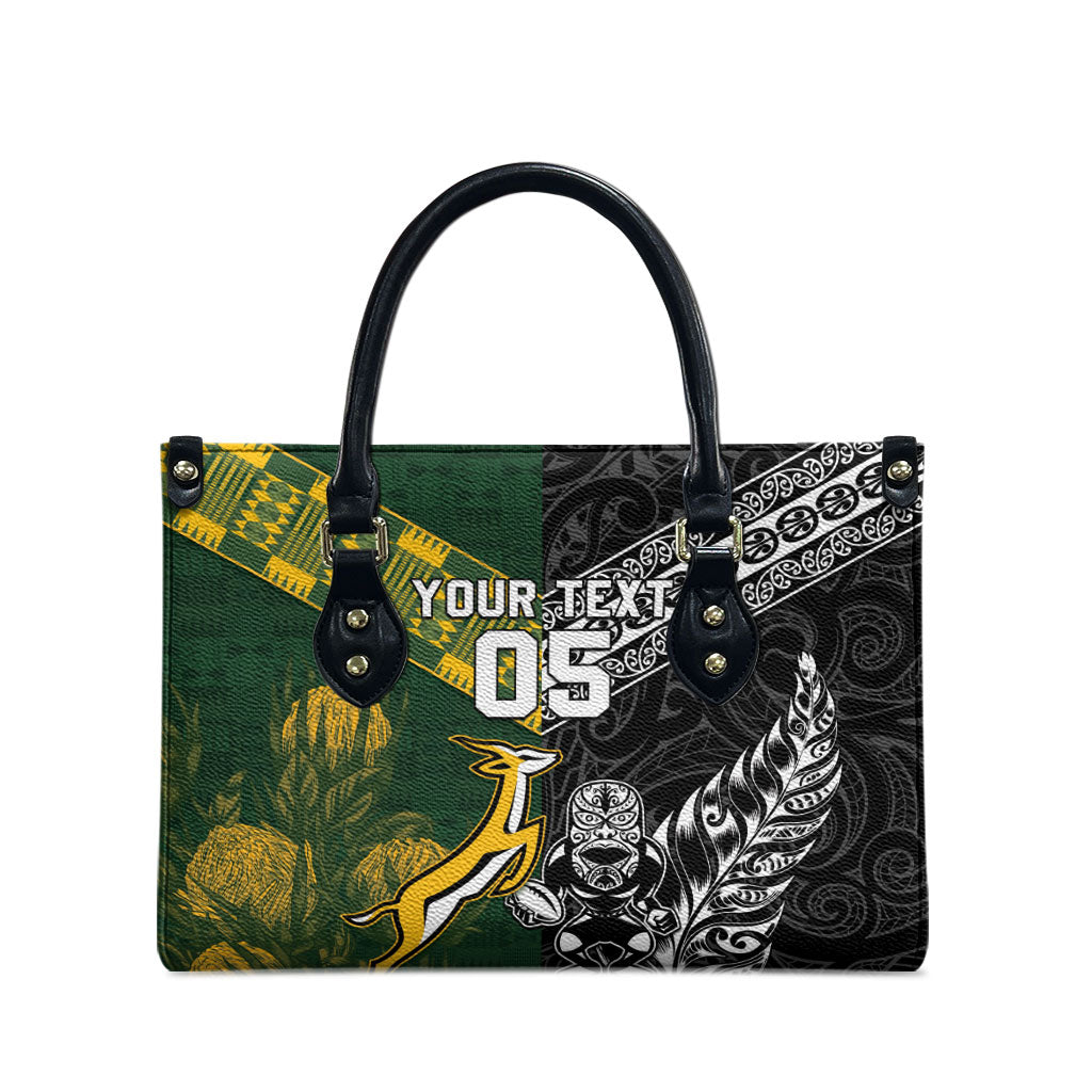 Custom Rugby New Zealand South Africa Leather Bag Maori Tiki Springboks Together