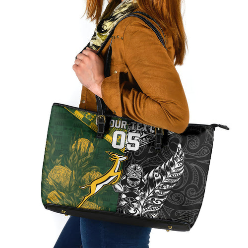 Custom Rugby New Zealand South Africa Leather Tote Bag Maori Tiki Springboks Together