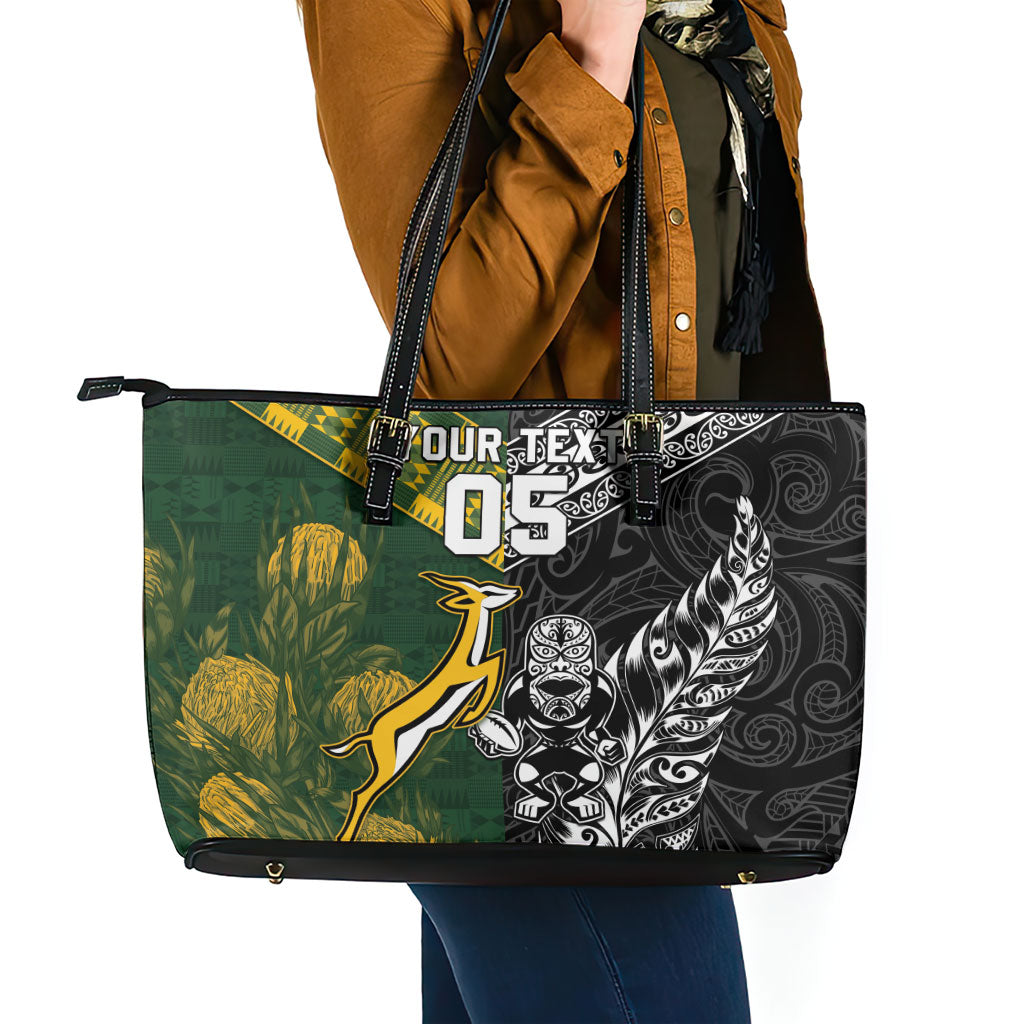 Custom Rugby New Zealand South Africa Leather Tote Bag Maori Tiki Springboks Together