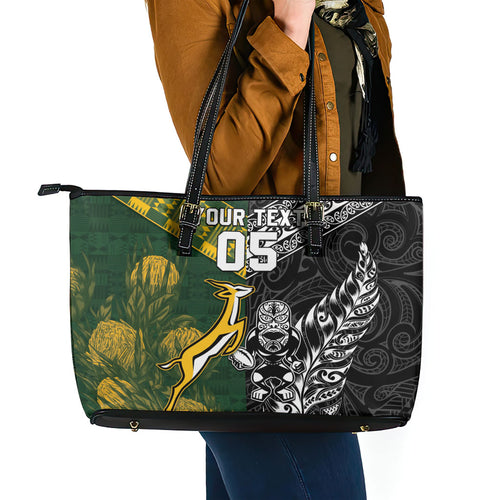 Custom Rugby New Zealand South Africa Leather Tote Bag Maori Tiki Springboks Together