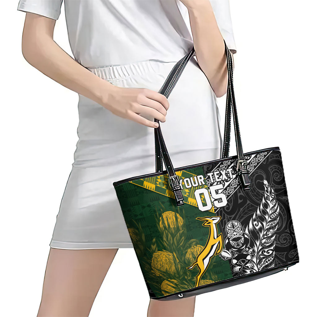 Custom Rugby New Zealand South Africa Leather Tote Bag Maori Tiki Springboks Together