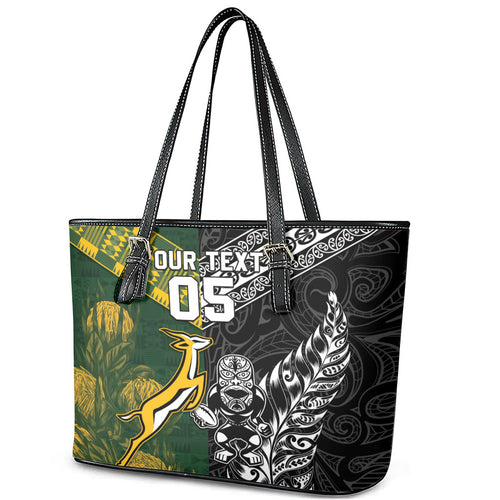 Custom Rugby New Zealand South Africa Leather Tote Bag Maori Tiki Springboks Together