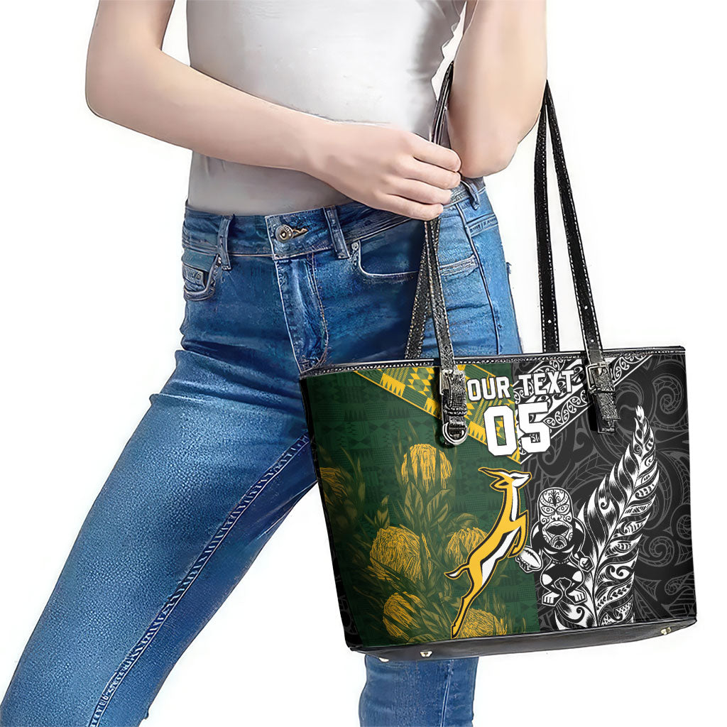Custom Rugby New Zealand South Africa Leather Tote Bag Maori Tiki Springboks Together