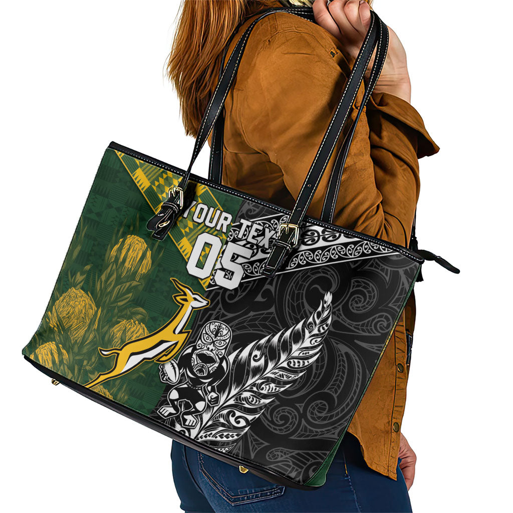 Custom Rugby New Zealand South Africa Leather Tote Bag Maori Tiki Springboks Together