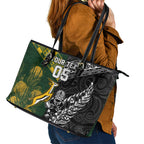 Custom Rugby New Zealand South Africa Leather Tote Bag Maori Tiki Springboks Together