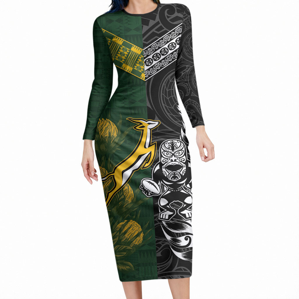 Custom Rugby New Zealand South Africa Long Sleeve Bodycon Dress Maori Tiki Springboks Together