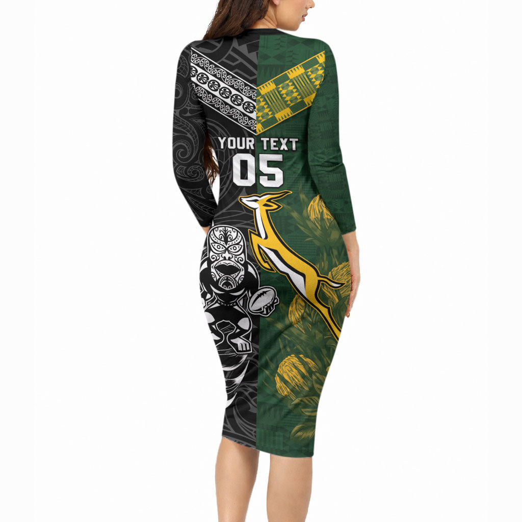Custom Rugby New Zealand South Africa Long Sleeve Bodycon Dress Maori Tiki Springboks Together