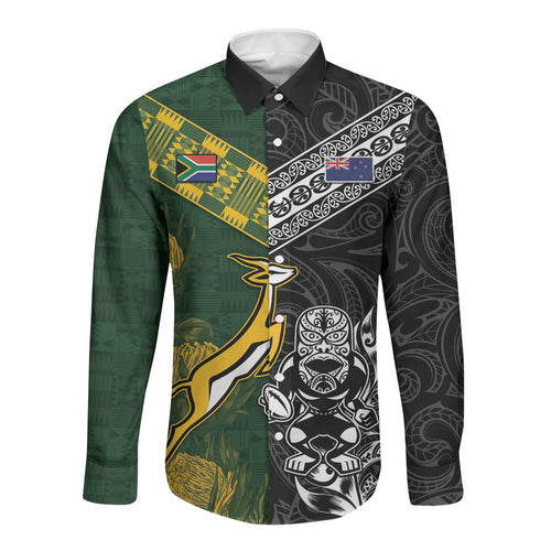 Custom Rugby New Zealand South Africa Long Sleeve Button Shirt Maori Tiki Springboks Together