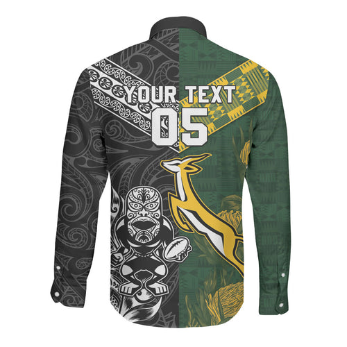 Custom Rugby New Zealand South Africa Long Sleeve Button Shirt Maori Tiki Springboks Together