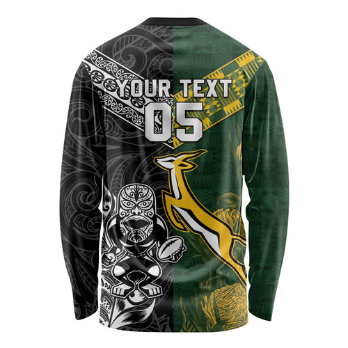 Custom Rugby New Zealand South Africa Long Sleeve Shirt Maori Tiki Springboks Together