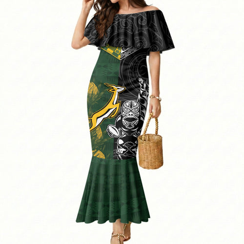 Custom Rugby New Zealand South Africa Mermaid Dress Maori Tiki Springboks Together
