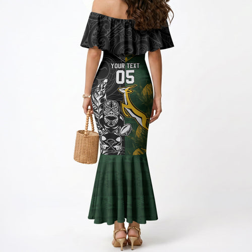 Custom Rugby New Zealand South Africa Mermaid Dress Maori Tiki Springboks Together