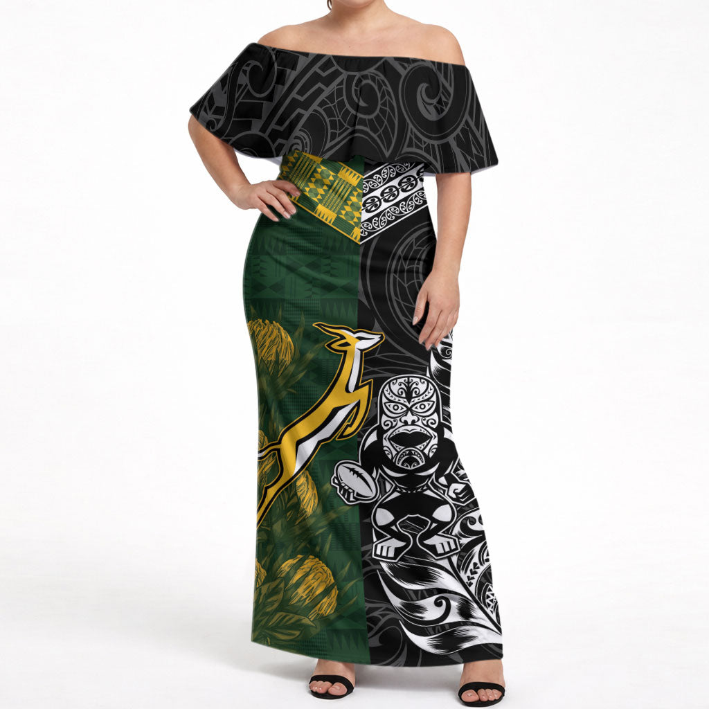 Custom Rugby New Zealand South Africa Off Shoulder Maxi Dress Maori Tiki Springboks Together