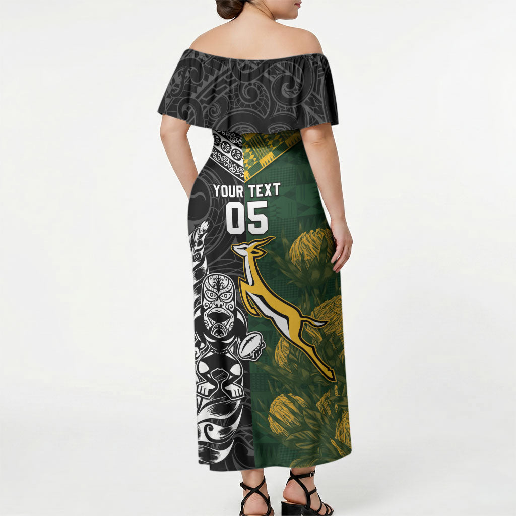 Custom Rugby New Zealand South Africa Off Shoulder Maxi Dress Maori Tiki Springboks Together