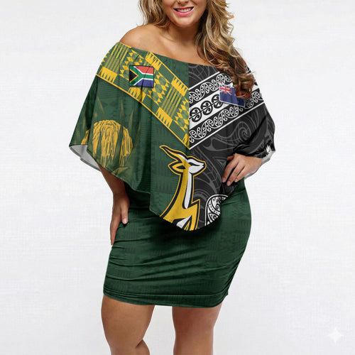 Custom Rugby New Zealand South Africa Off Shoulder Short Dress Maori Tiki Springboks Together