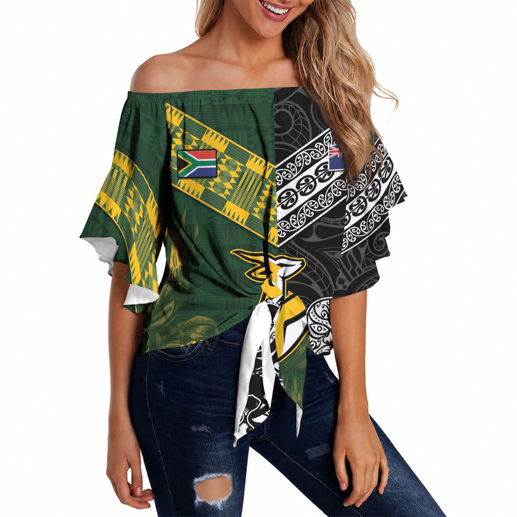 Custom Rugby New Zealand South Africa Off Shoulder Wrap Waist Top Maori Tiki Springboks Together