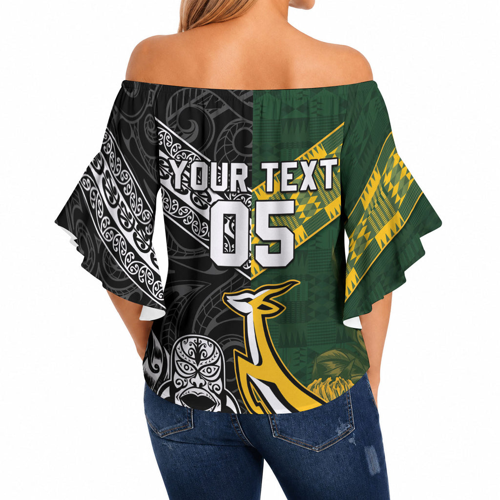 Custom Rugby New Zealand South Africa Off Shoulder Wrap Waist Top Maori Tiki Springboks Together
