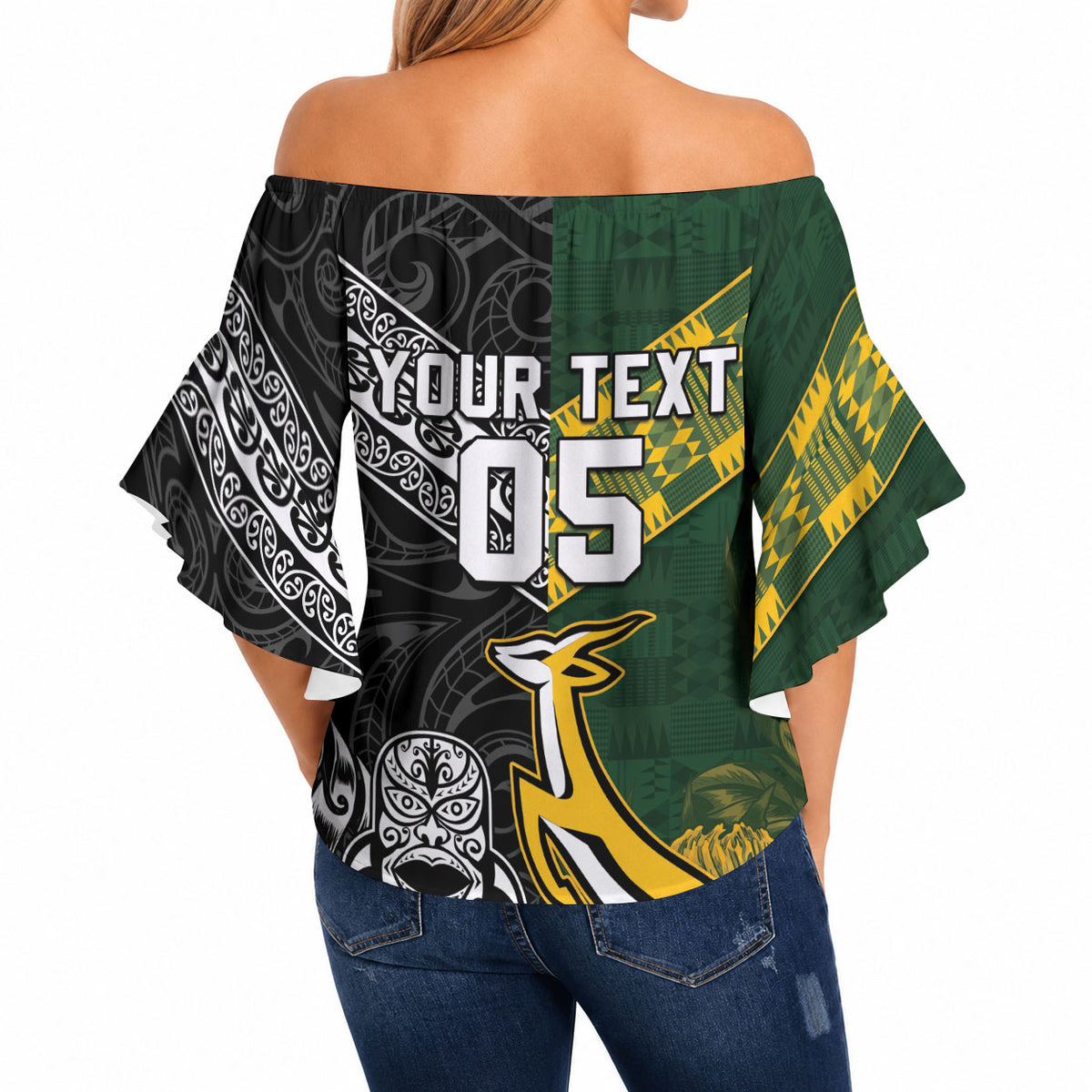 Custom Rugby New Zealand South Africa Off Shoulder Wrap Waist Top Maori Tiki Springboks Together