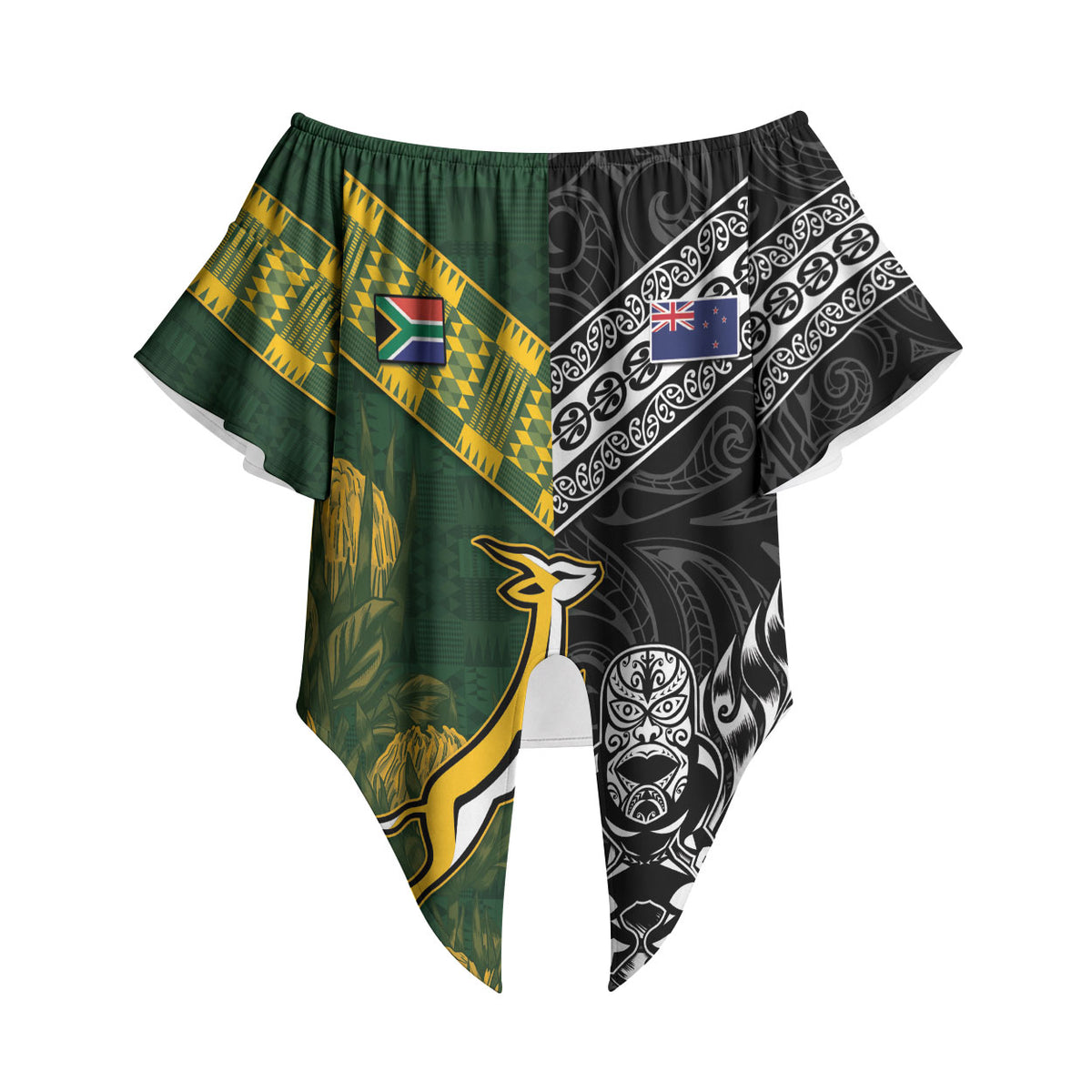 Custom Rugby New Zealand South Africa Off Shoulder Wrap Waist Top Maori Tiki Springboks Together