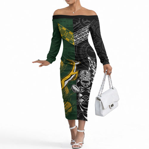 Custom Rugby New Zealand South Africa Off The Shoulder Long Sleeve Dress Maori Tiki Springboks Together
