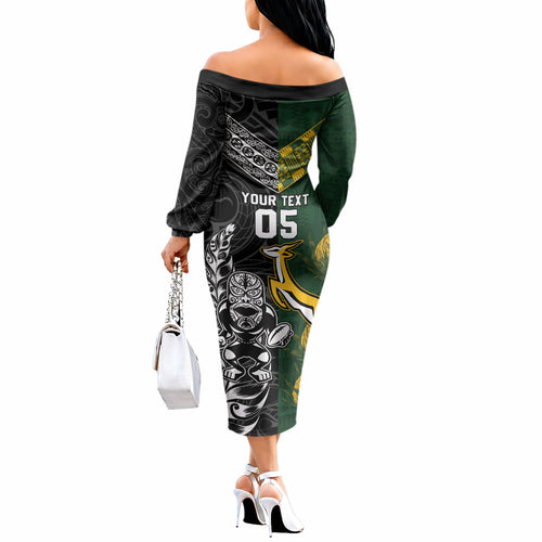 Custom Rugby New Zealand South Africa Off The Shoulder Long Sleeve Dress Maori Tiki Springboks Together