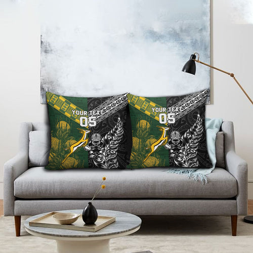 Custom Rugby New Zealand South Africa Pillow Cover Maori Tiki Springboks Together