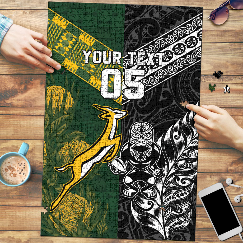 Custom Rugby New Zealand South Africa Puzzle Maori Tiki Springboks Together
