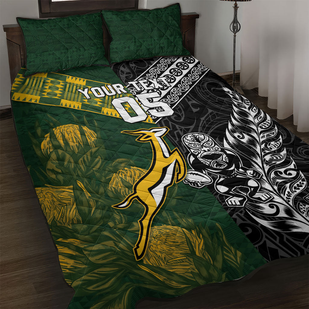 Custom Rugby New Zealand South Africa Quilt Bed Set Maori Tiki Springboks Together