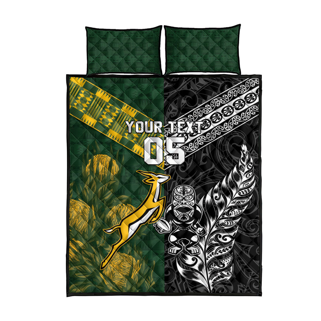 Custom Rugby New Zealand South Africa Quilt Bed Set Maori Tiki Springboks Together