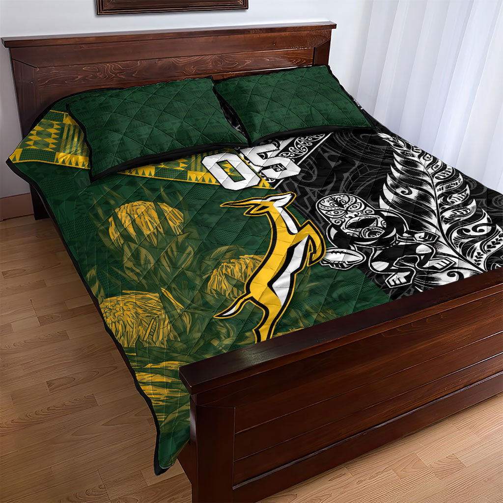Custom Rugby New Zealand South Africa Quilt Bed Set Maori Tiki Springboks Together