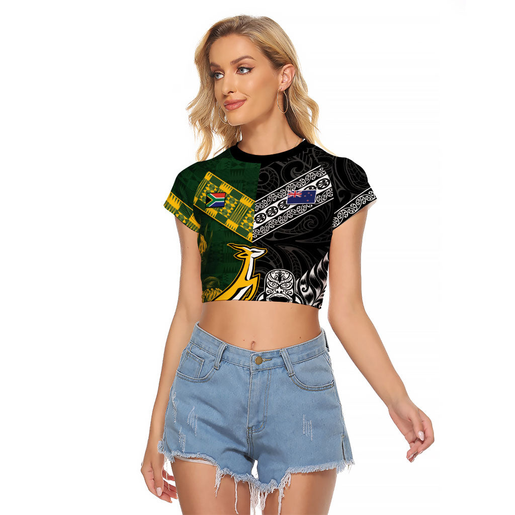 Custom Rugby New Zealand South Africa Raglan Cropped T Shirt Maori Tiki Springboks Together