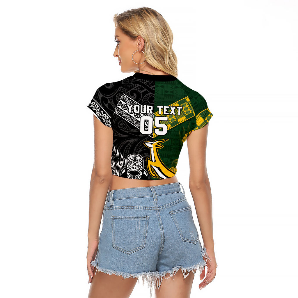 Custom Rugby New Zealand South Africa Raglan Cropped T Shirt Maori Tiki Springboks Together