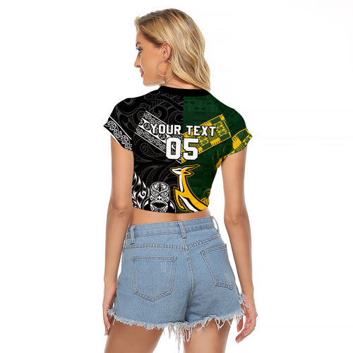 Custom Rugby New Zealand South Africa Raglan Cropped T Shirt Maori Tiki Springboks Together