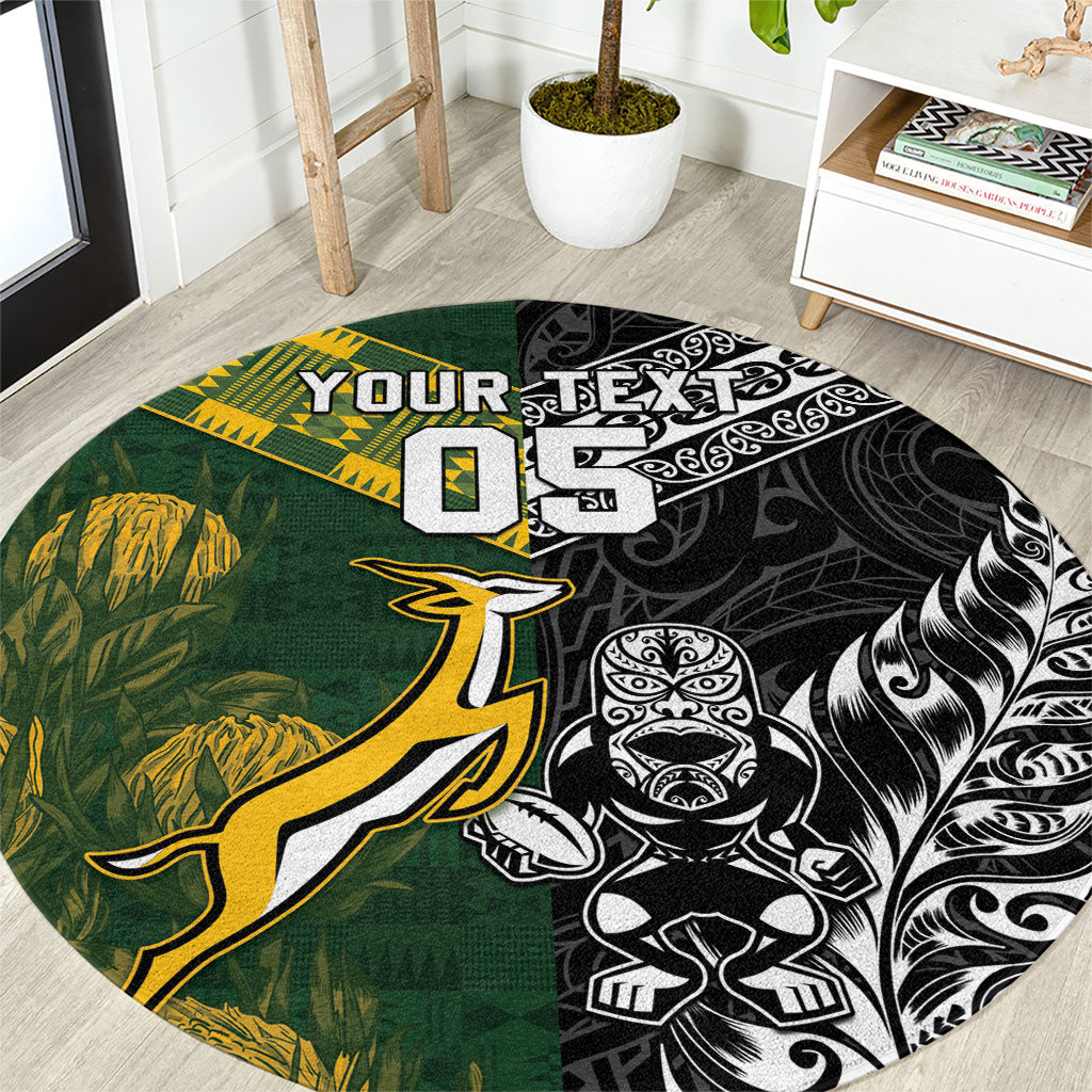 Custom Rugby New Zealand South Africa Round Carpet Maori Tiki Springboks Together