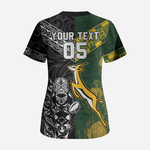 Custom Rugby New Zealand South Africa Scrub Top Maori Tiki Springboks Together