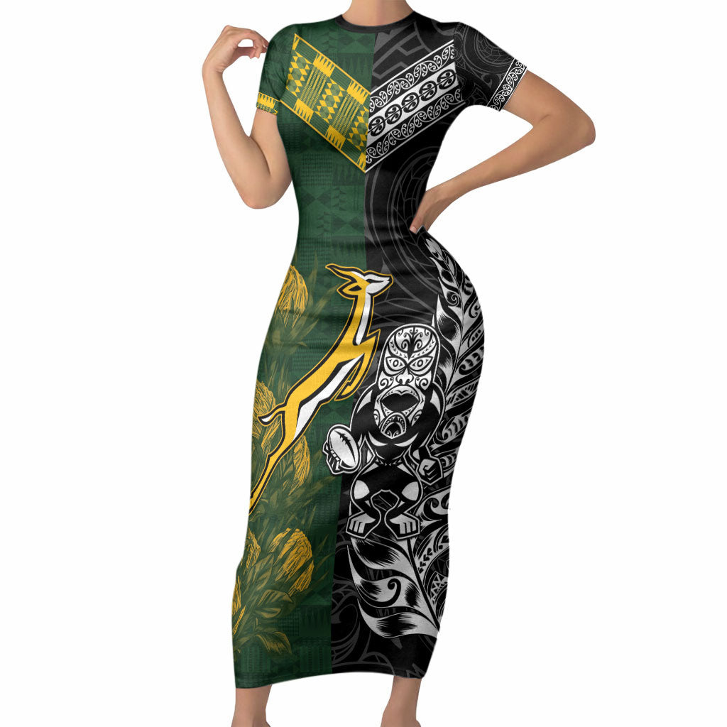 Custom Rugby New Zealand South Africa Short Sleeve Bodycon Dress Maori Tiki Springboks Together