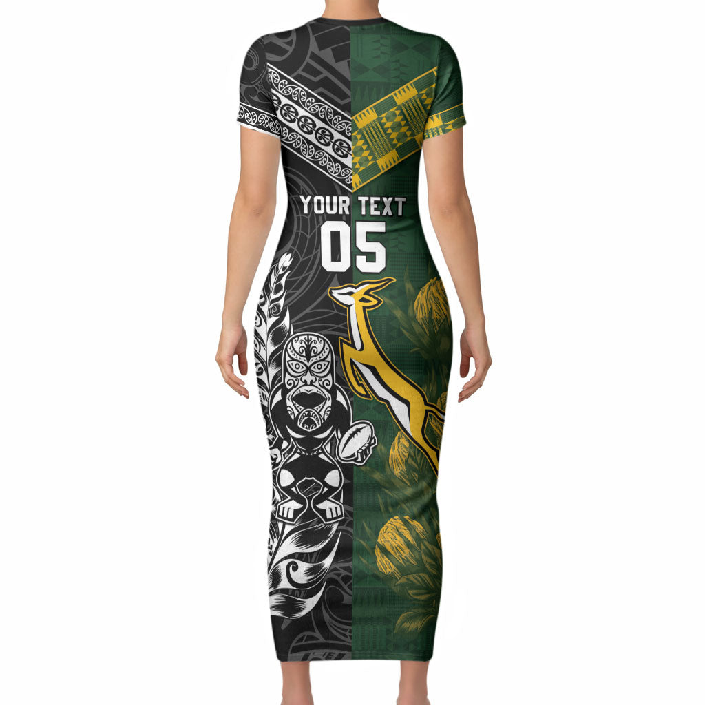 Custom Rugby New Zealand South Africa Short Sleeve Bodycon Dress Maori Tiki Springboks Together