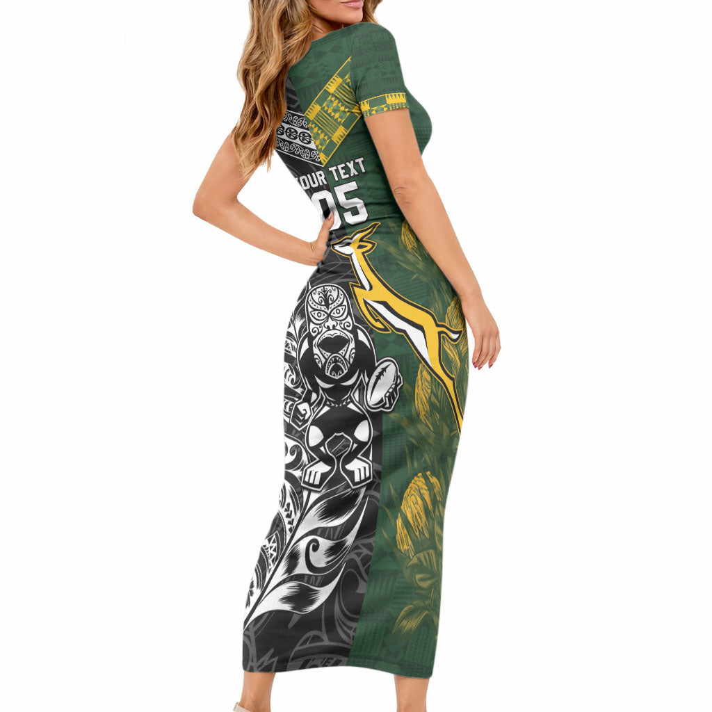 Custom Rugby New Zealand South Africa Short Sleeve Bodycon Dress Maori Tiki Springboks Together