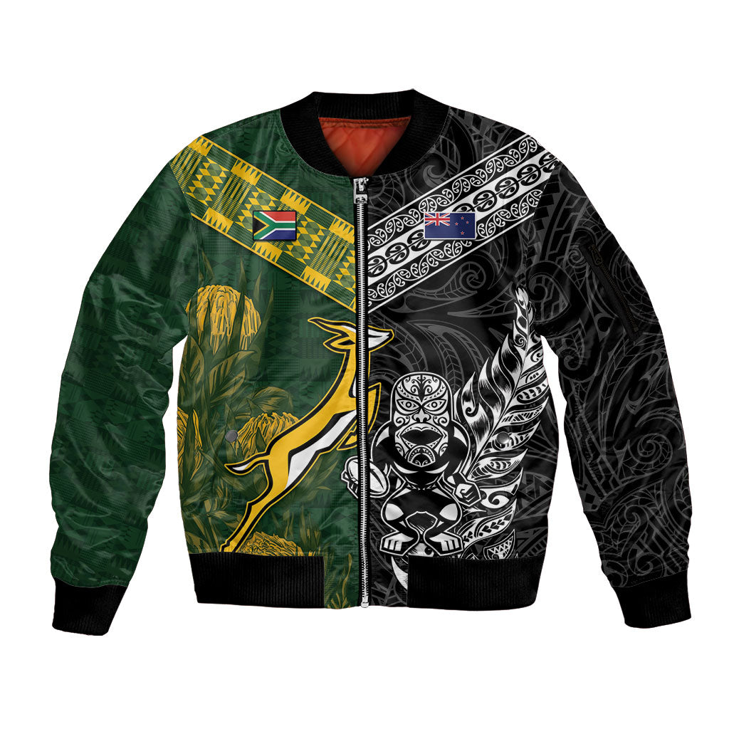 Custom Rugby New Zealand South Africa Sleeve Zip Bomber Jacket Maori Tiki Springboks Together