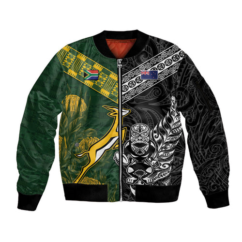 Custom Rugby New Zealand South Africa Sleeve Zip Bomber Jacket Maori Tiki Springboks Together