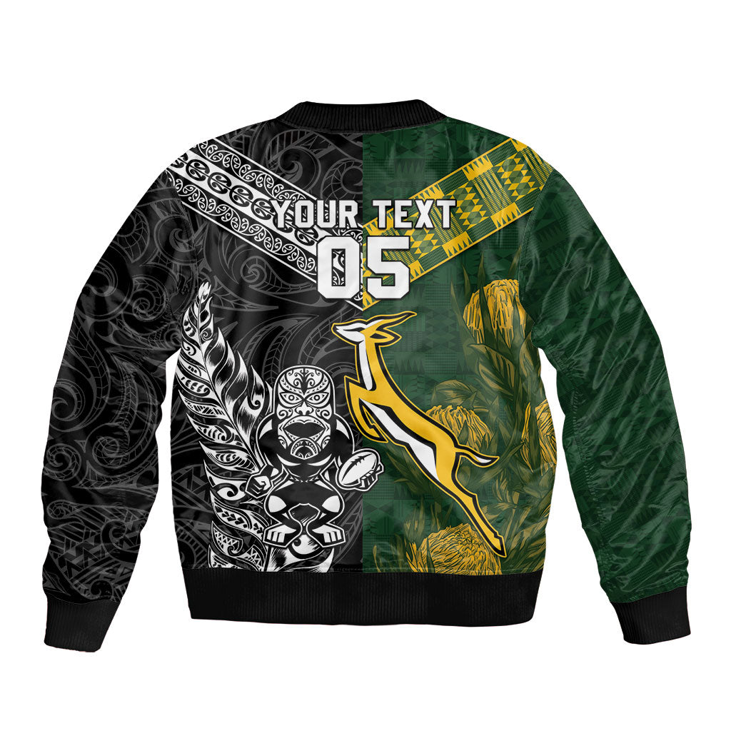 Custom Rugby New Zealand South Africa Sleeve Zip Bomber Jacket Maori Tiki Springboks Together