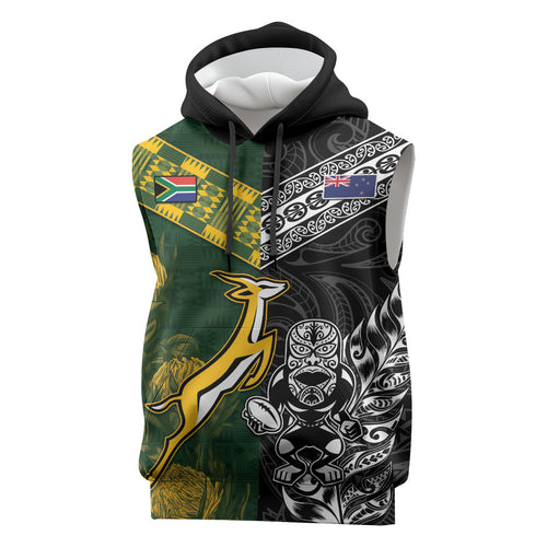 Custom Rugby New Zealand South Africa Sleeveless Hoodie Maori Tiki Springboks Together