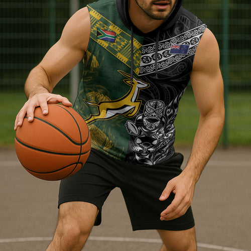 Custom Rugby New Zealand South Africa Sleeveless Hoodie Maori Tiki Springboks Together