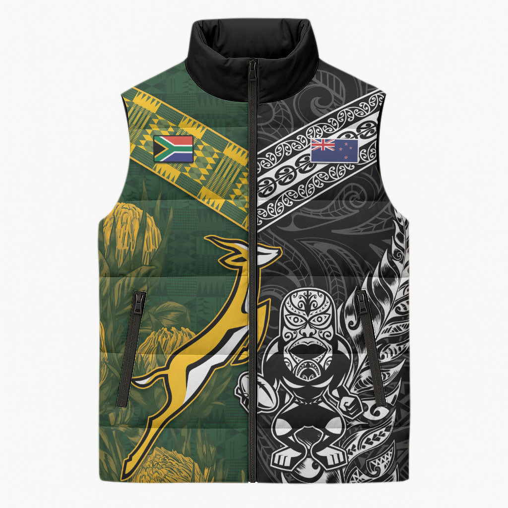 Custom Rugby New Zealand South Africa Sleeveless Puffer Jacket Maori Tiki Springboks Together