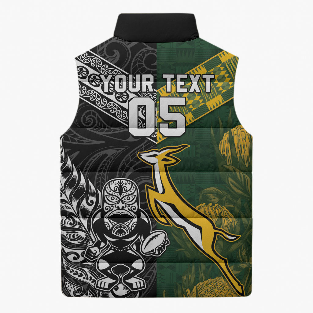 Custom Rugby New Zealand South Africa Sleeveless Puffer Jacket Maori Tiki Springboks Together