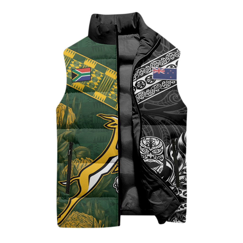 Custom Rugby New Zealand South Africa Sleeveless Puffer Jacket Maori Tiki Springboks Together